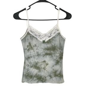 VTG Y2K Tank Top M Lace Trim Tie Dye Fairy Grunge Coquette Cami Cottage Bow